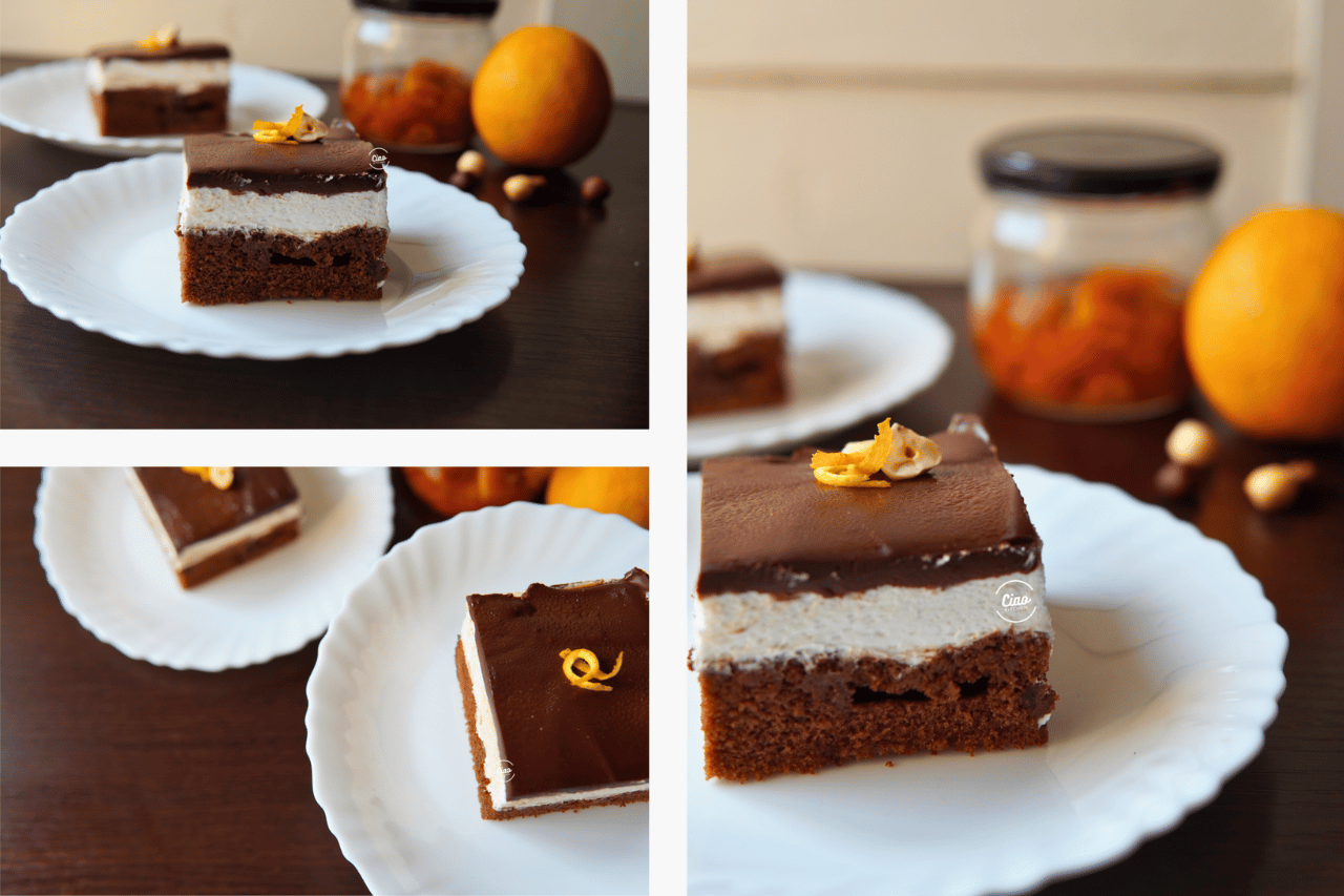 Maskarpone kolač na belom tanjiru sa narandžom, Mascarpone cake on white plate with an orange