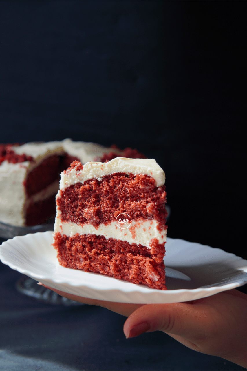 Beli tanjir u ruci sa parčetom Red Velvet torte, Hand holding white plate with Red Velvet cake